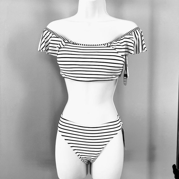 Vince Camuto Womens Bikini Set Stripes Ruffle Shoulder - Picture 5 of 8